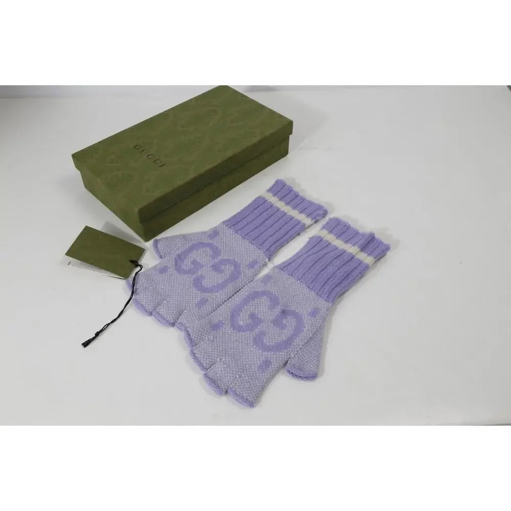 Gucci GG Knit Cashmere Fingerless Gloves Lilac Lavender Purple Size M 210/100